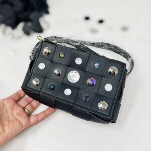 NWOT Mini Purse with Rhinestones, Black Woven Clutch Bag Removable Strap NEW
